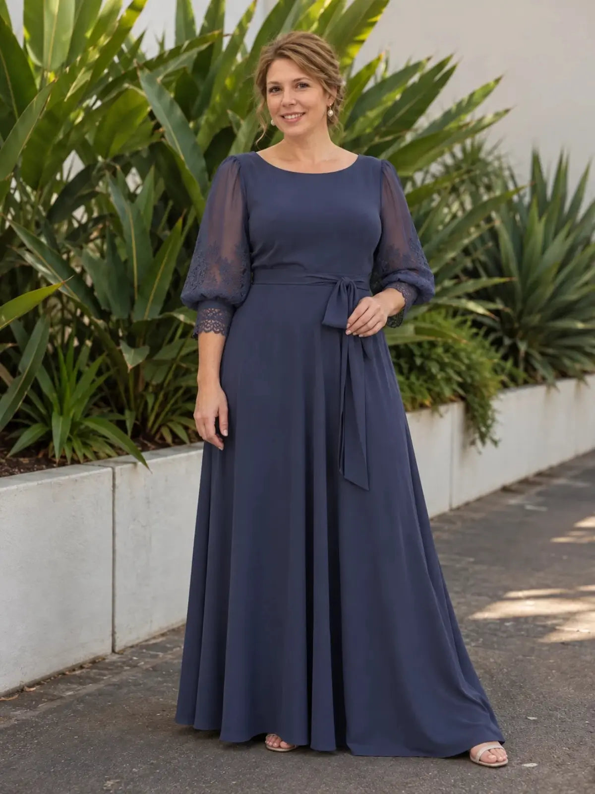 Chiffon Mother of the Bride Dress with Lace Applique Puff Sleeves 