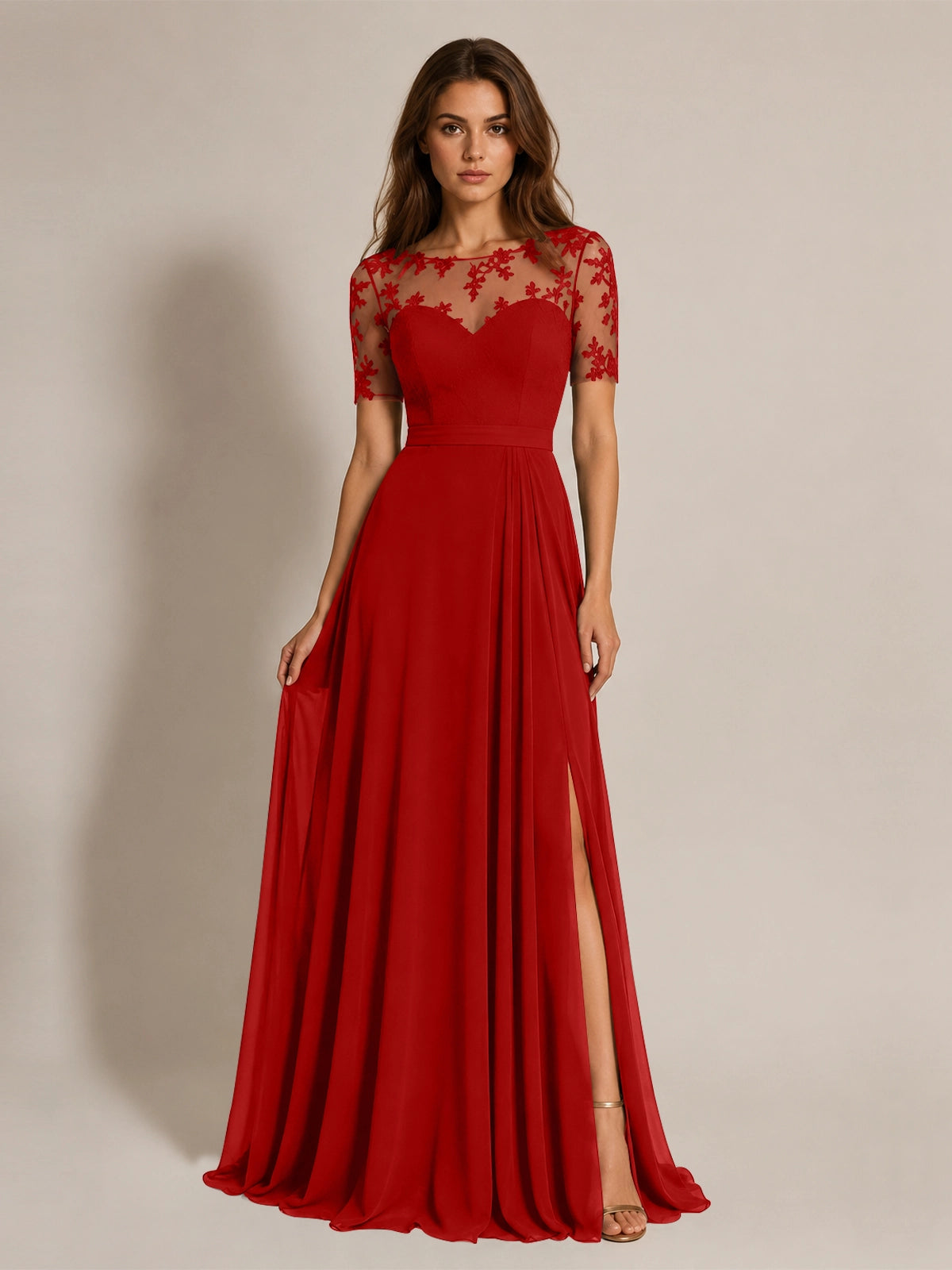 Lace Mother of the Bride Dress with Illusion Neckline 