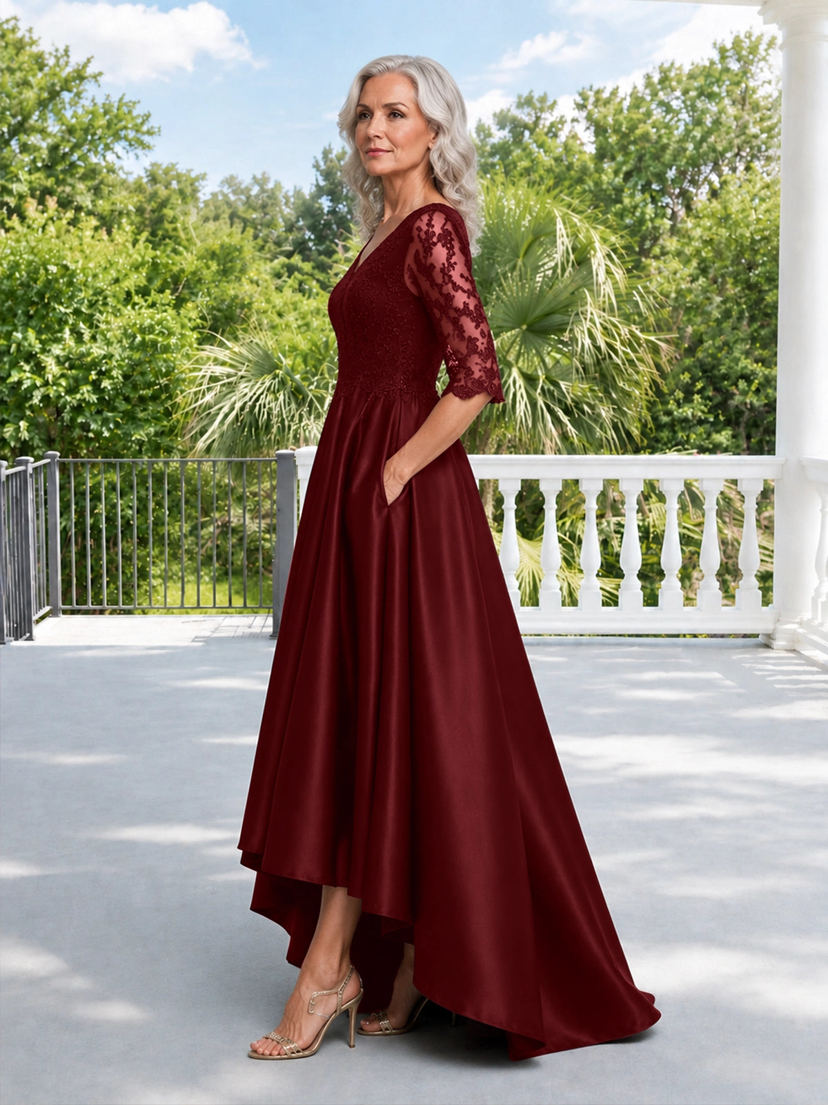 Satin Mother of the Bride Dress with Lace Sleeves
