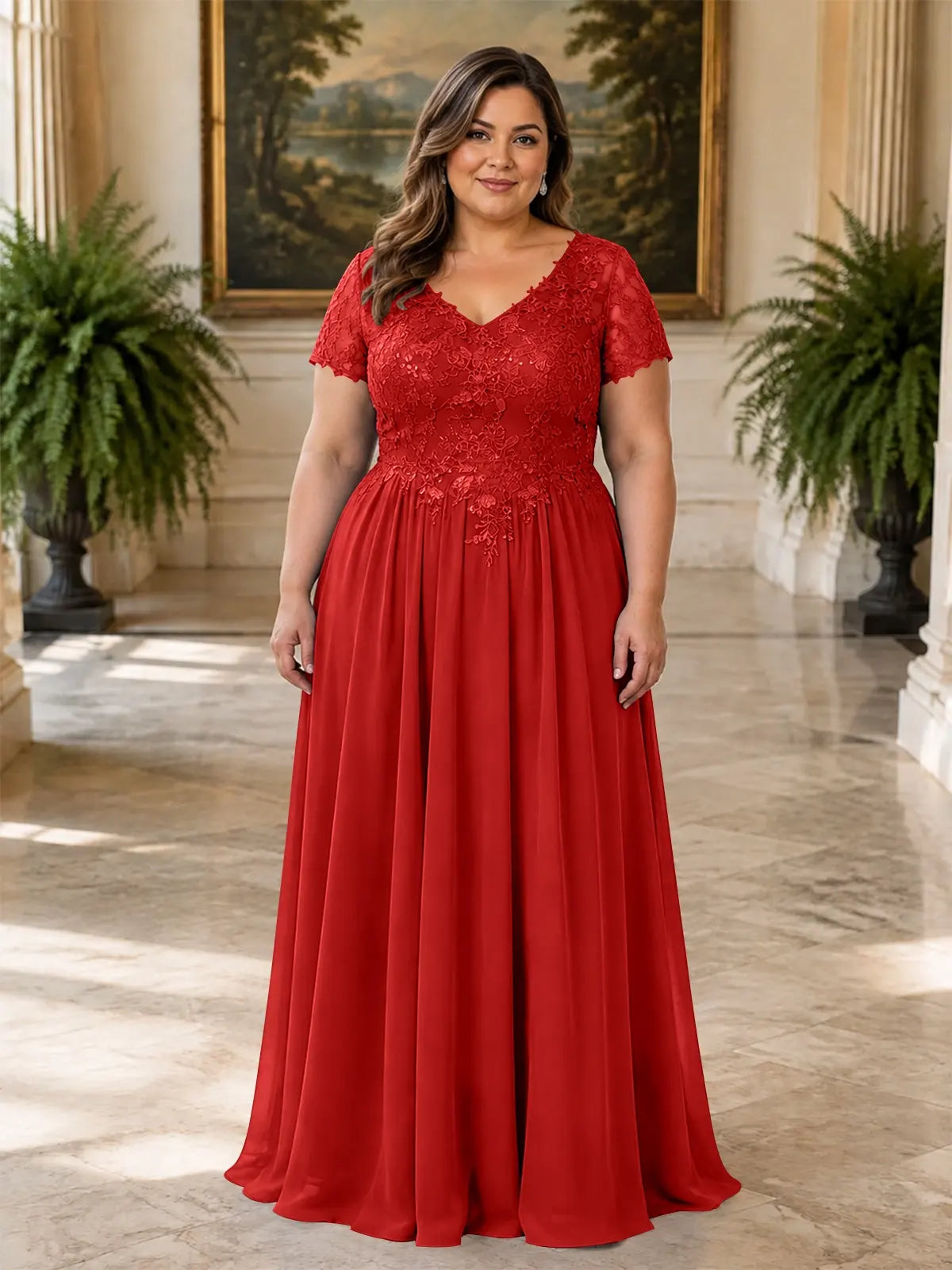 Short Sleeves Chiffon Dress-Plus Size 