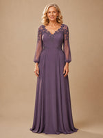 V‑neck Mother of The Bride Dress with Long Illusion Puff Sleeves 