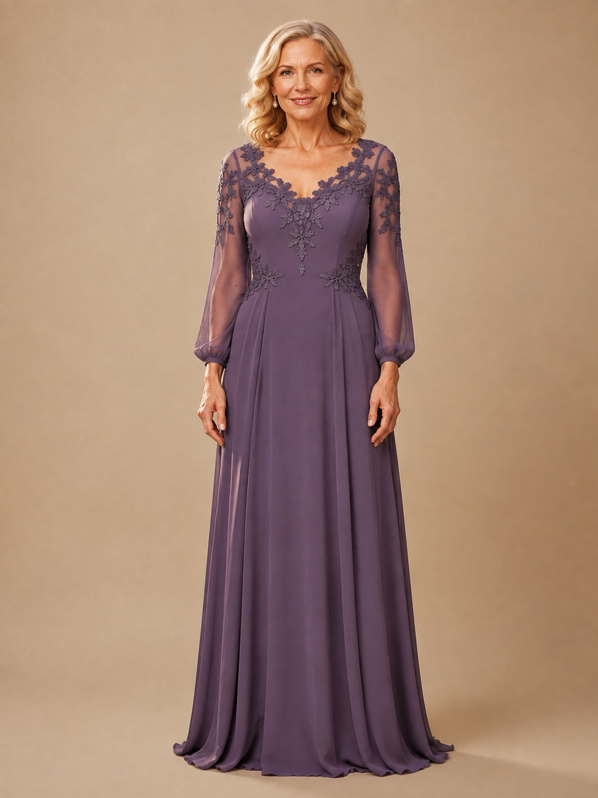 V‑neck Mother of The Bride Dress with Long Illusion Puff Sleeves 