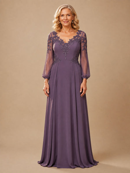 V‑neck Mother of The Bride Dress with Long Illusion Puff Sleeves 
