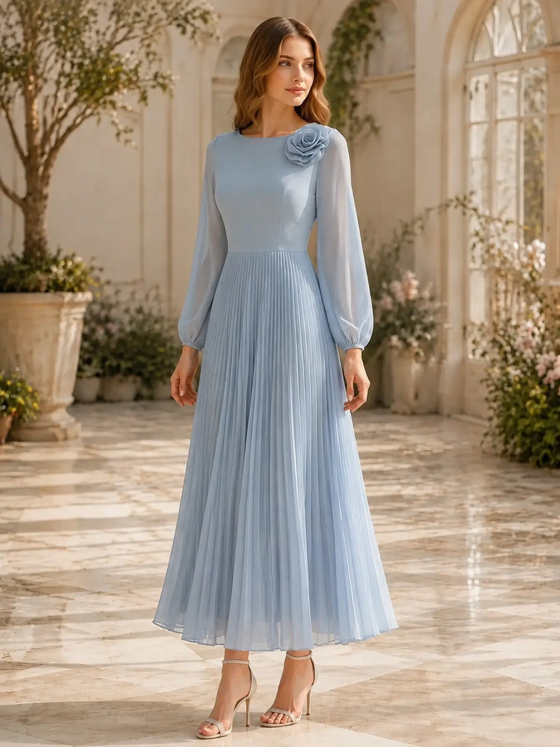 Pleated Bateau Neck Bridesmaid Dress
