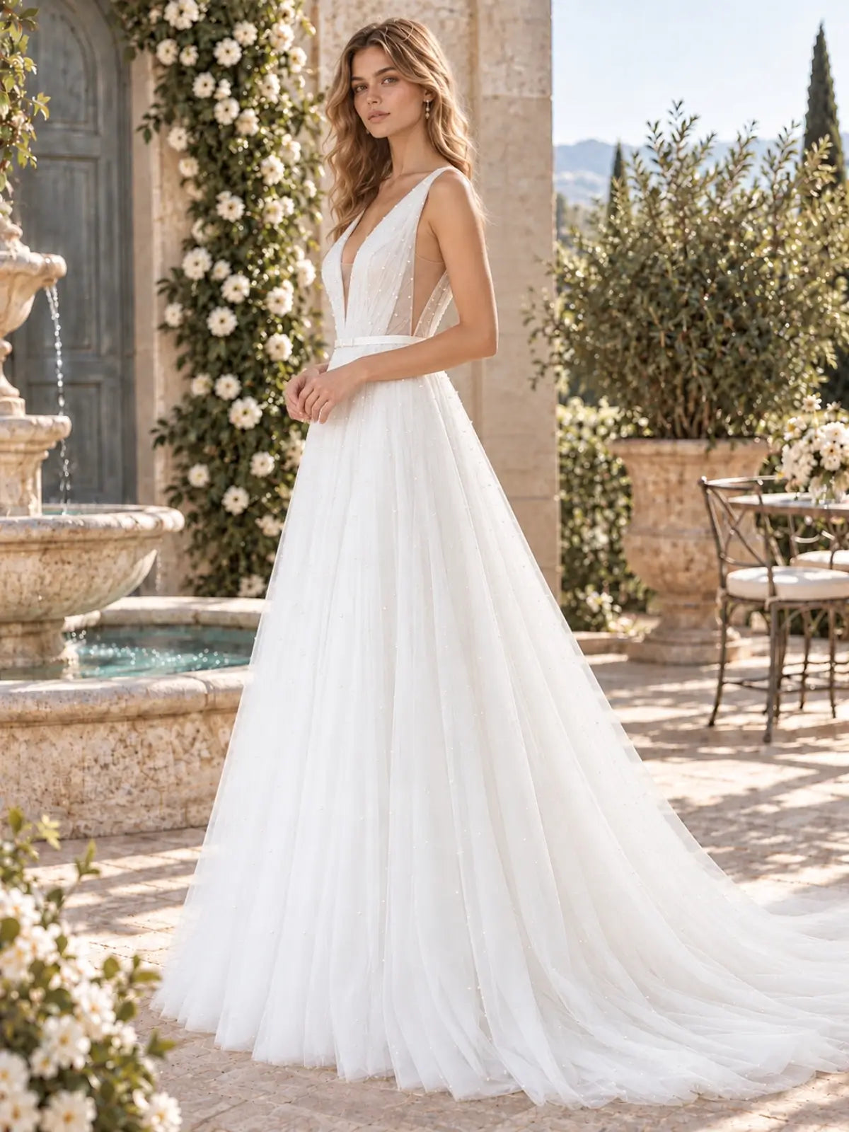 V-Neck Wedding Dress with Pearl Embellished