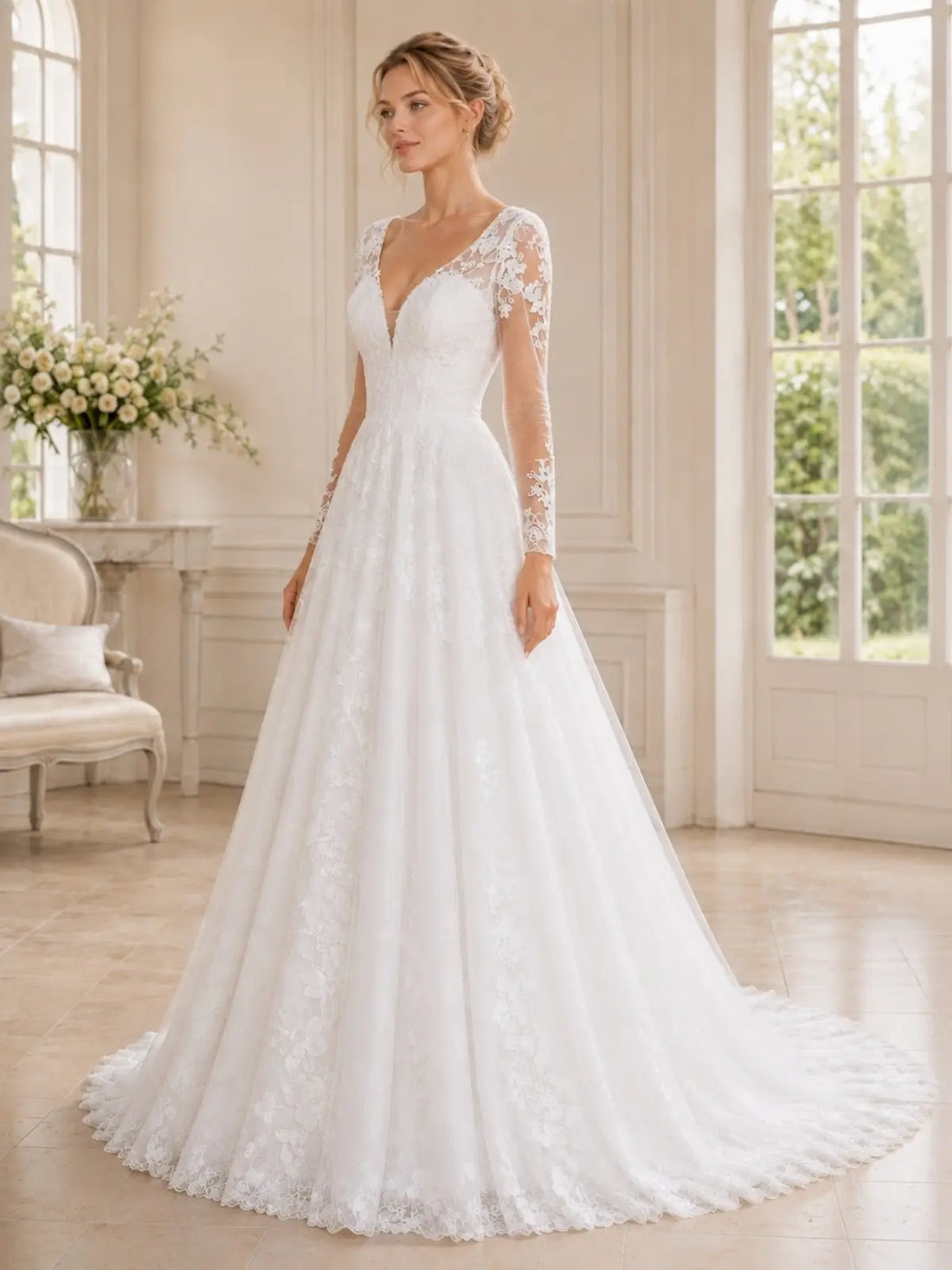 Elegant V-Neck Wedding Dress with Long Sleeves