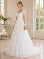 Elegant V-Neck Wedding Dress with Long Sleeves