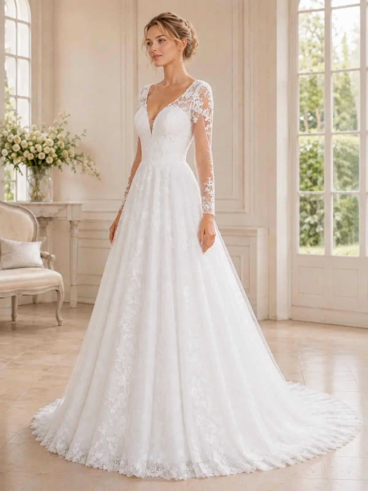 Elegant V-Neck Wedding Dress with Long Sleeves