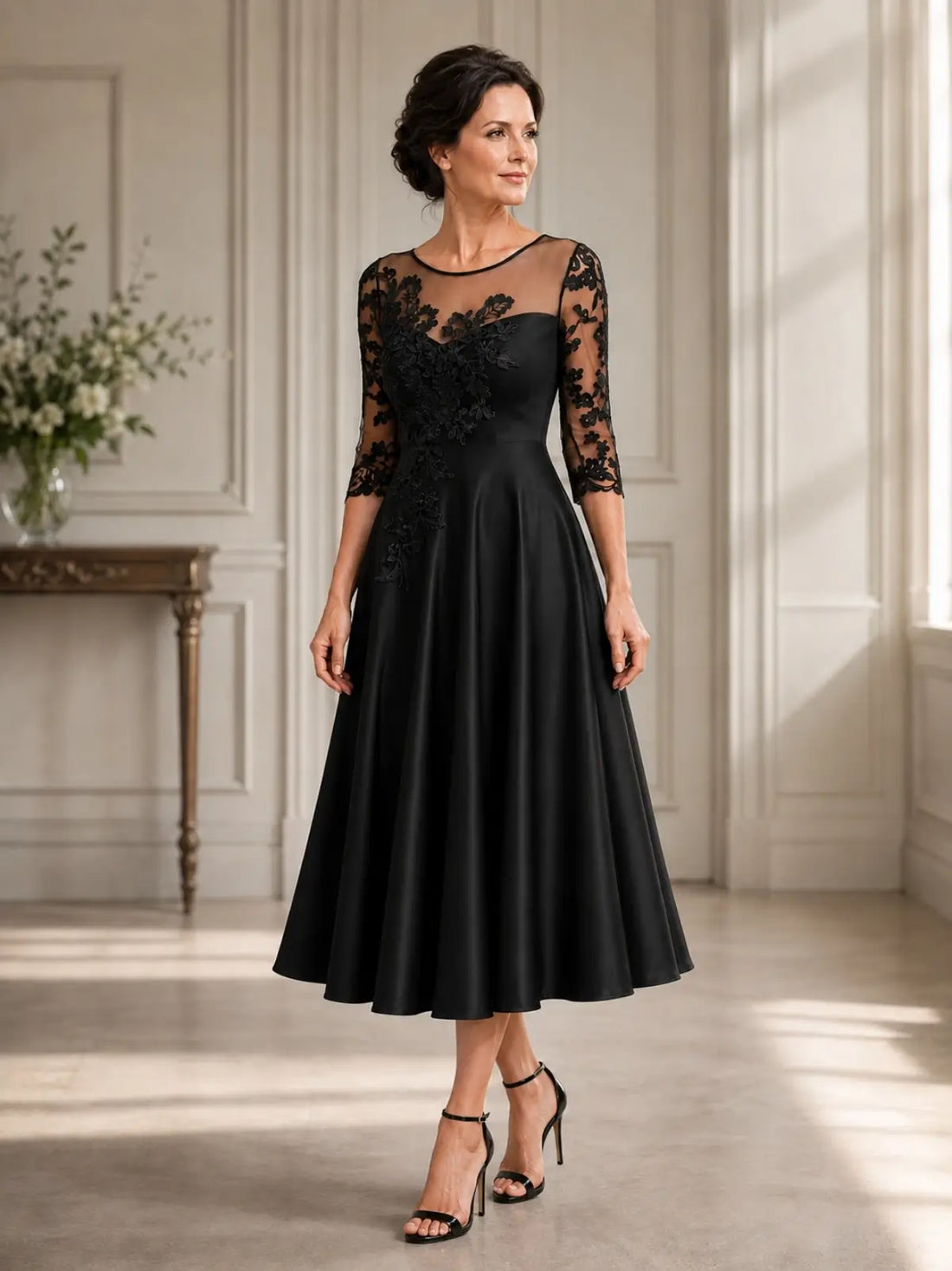 Boat Neck Mother of the Bride Dress with Floral Appliques