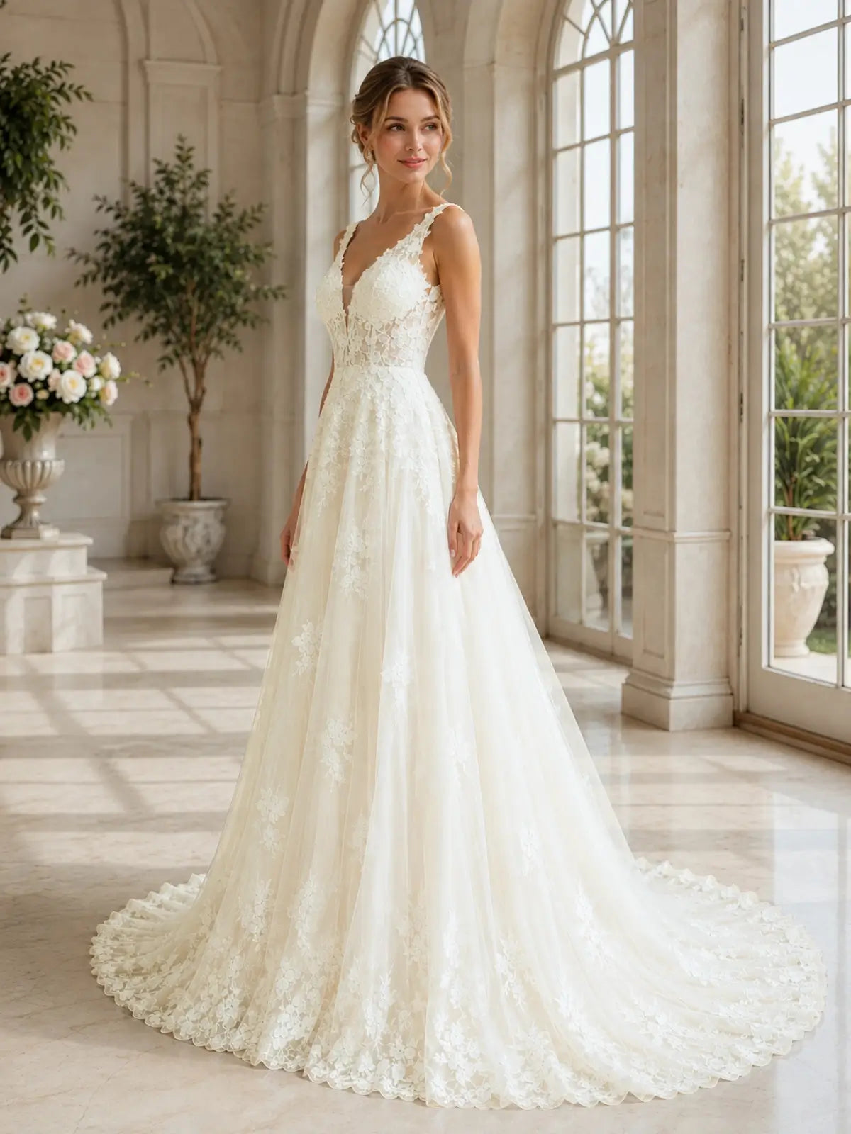 V-Neck Lace Wedding Dress