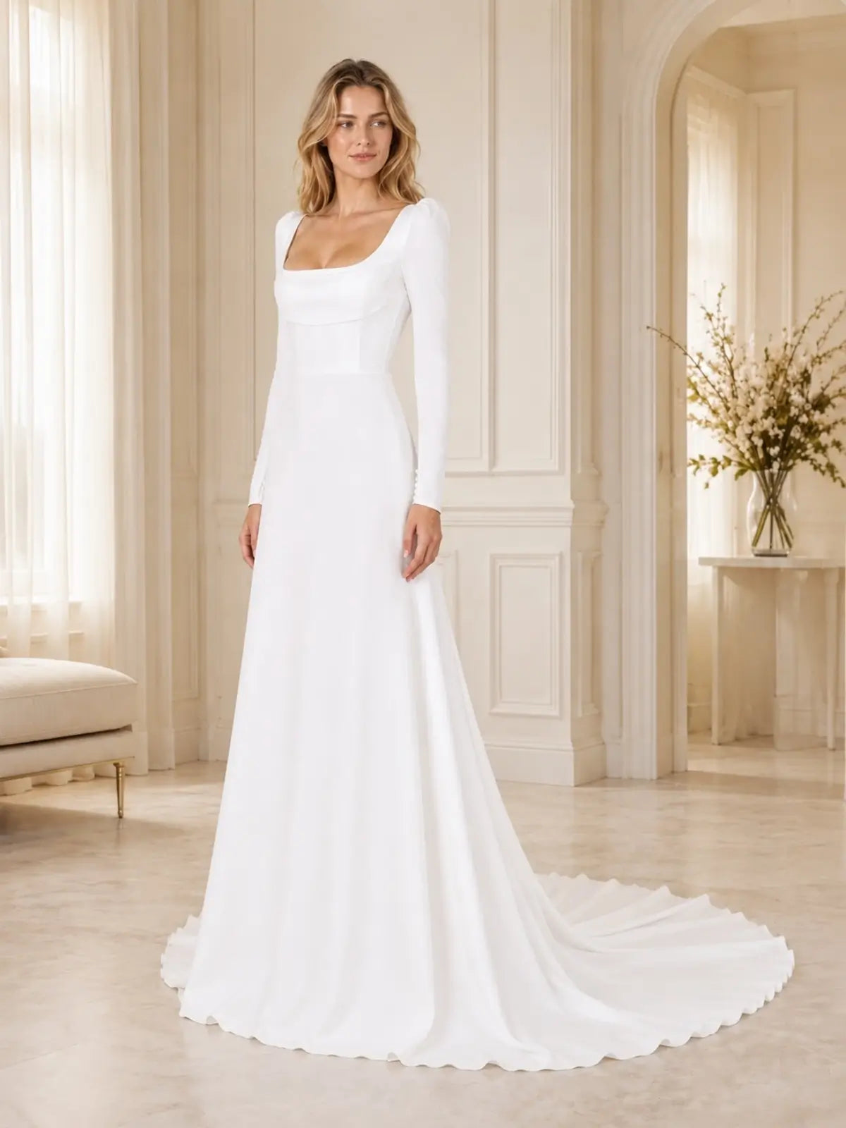 Stretch Crepe Wedding Dress with Long Sleeves