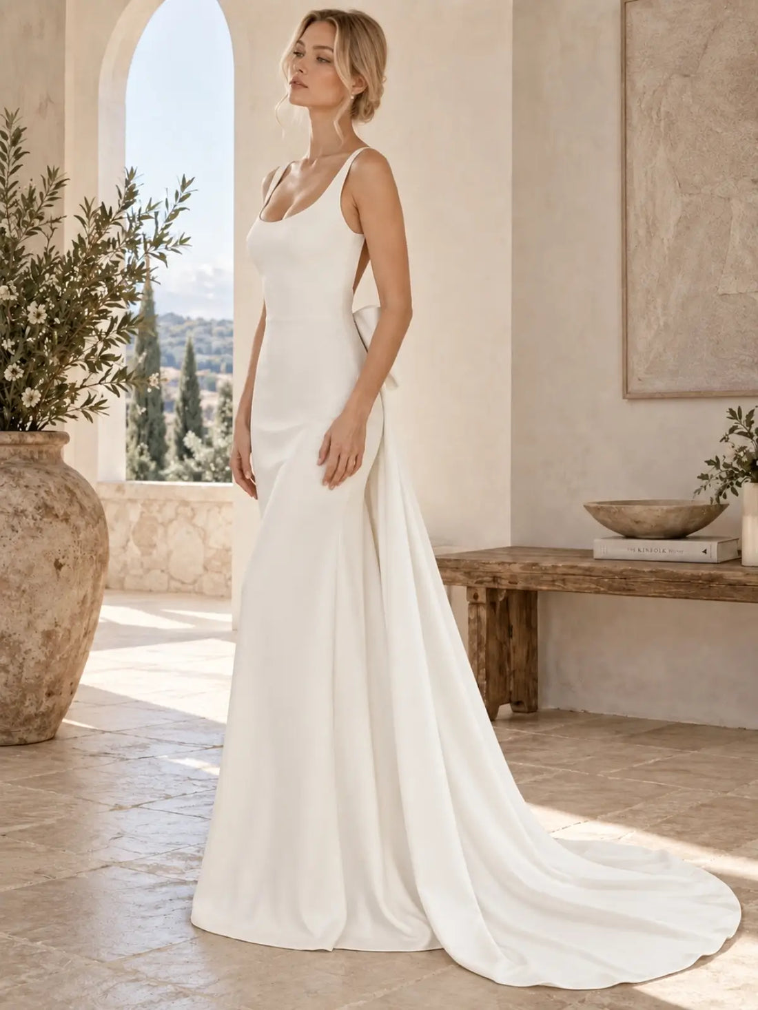 Scoop Neck Wedding Dress with Elegant Back Bow Detail