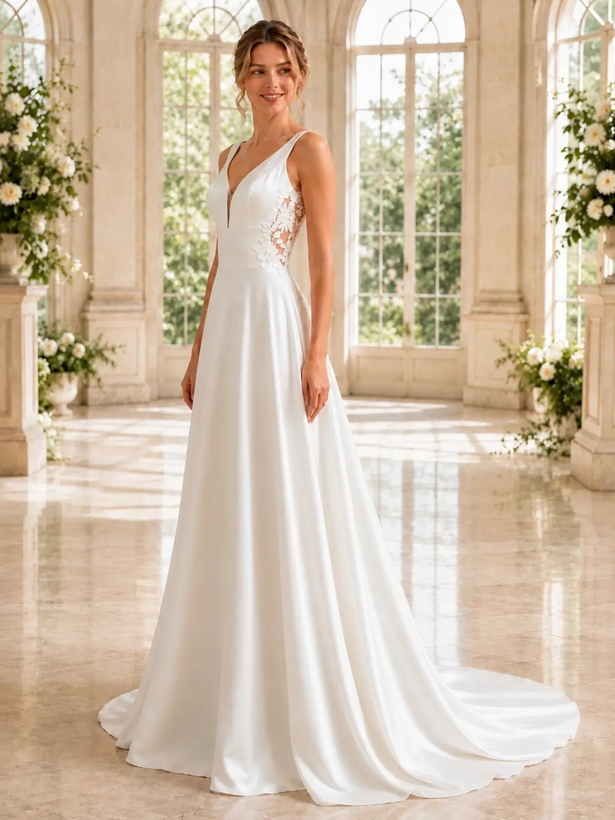 Satin Wedding Dress with Illusion Mesh Back
