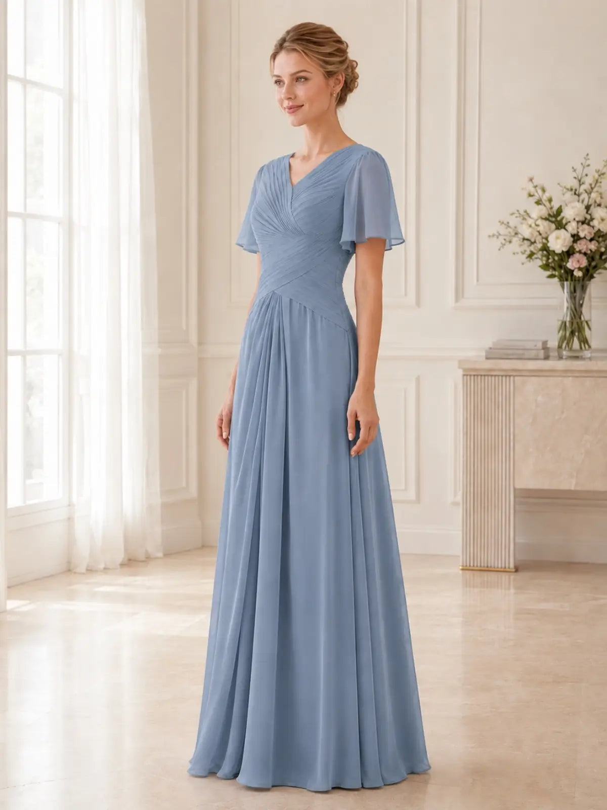 Chiffon Wedding Dress with Flutter Sleeves