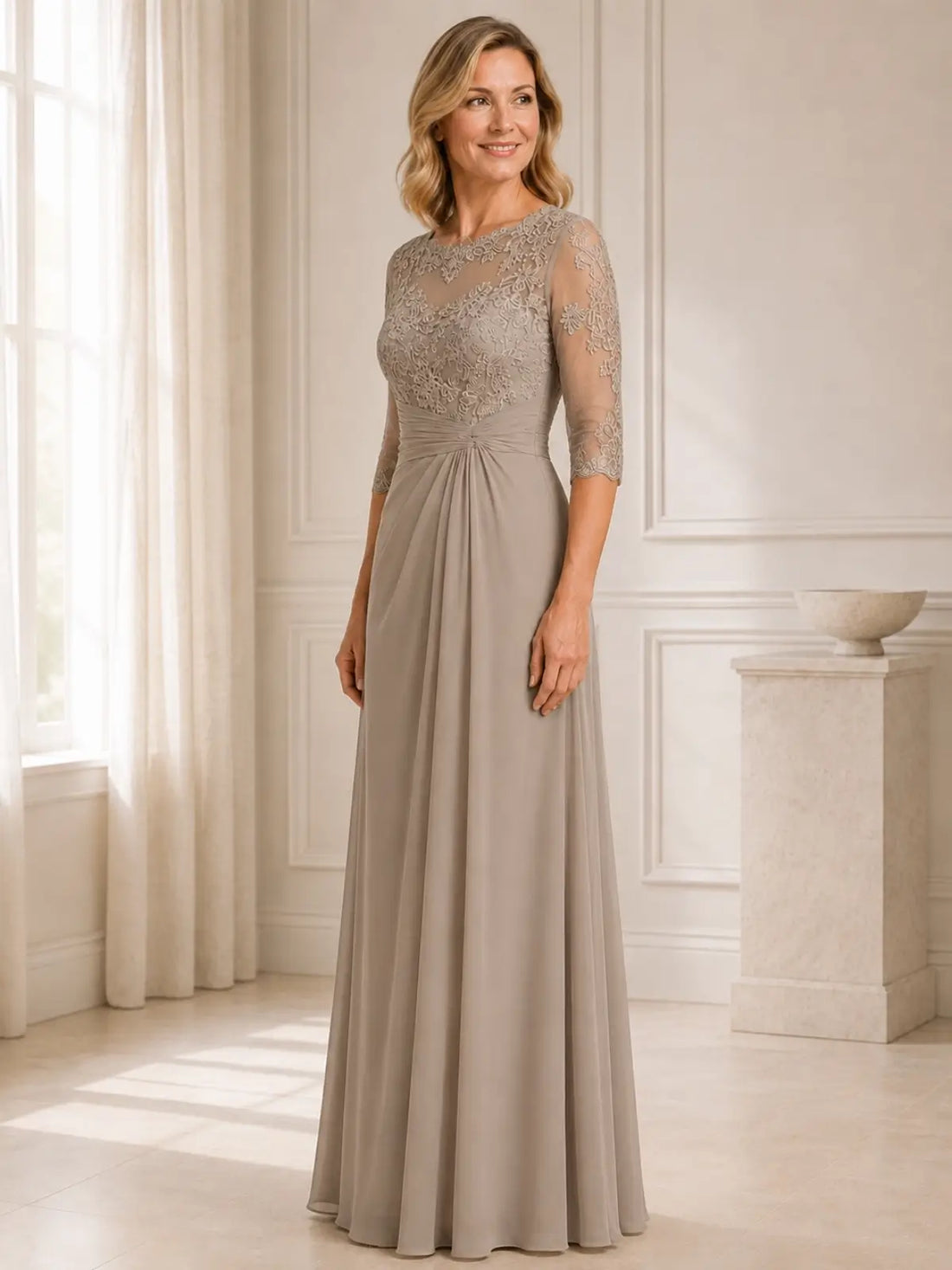 Lace Mother of the Bride Dress with 3/4 Sleeves