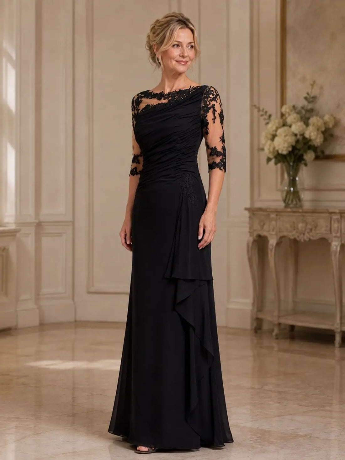 Bateau Neck Mother of the Bride Dress with Ruffle Details