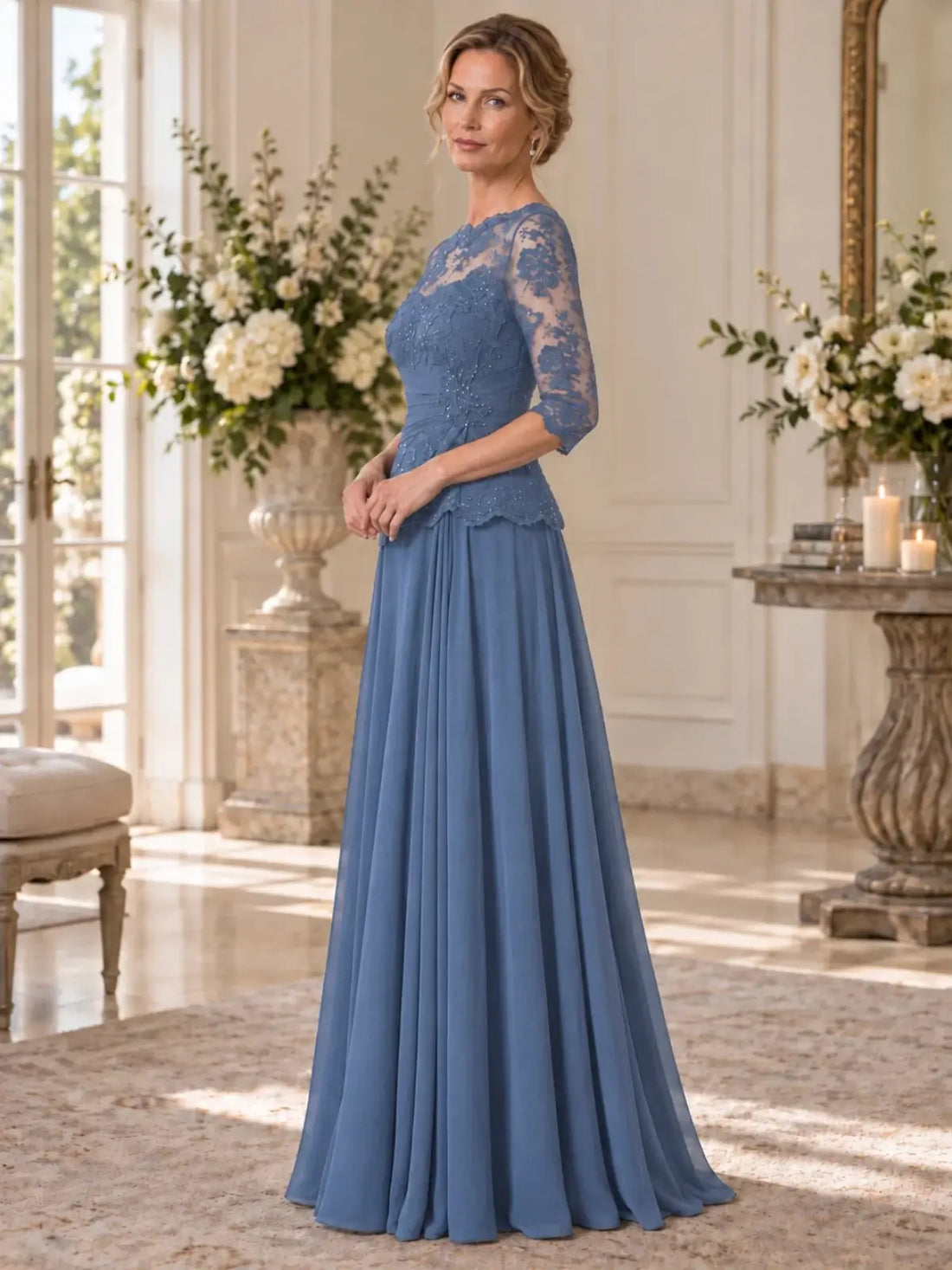 Boat Neck Mother of the Bride Dress with Ruched Waist Design