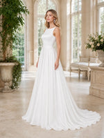 Bateau Neck Wedding Dress with Court Train