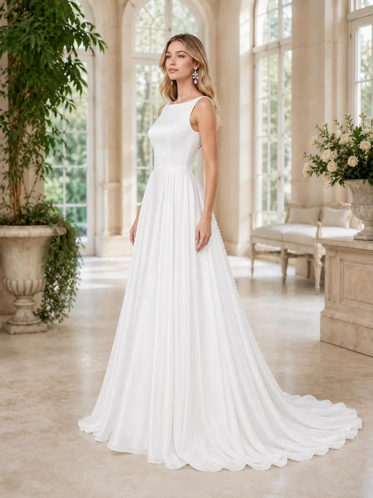 Bateau Neck Wedding Dress with Court Train