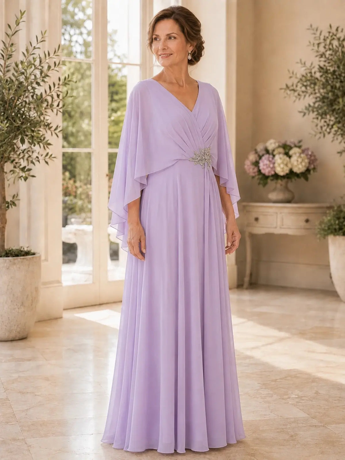 Surplice Neckline Mother of the Bride Dress in Chiffon Fabric