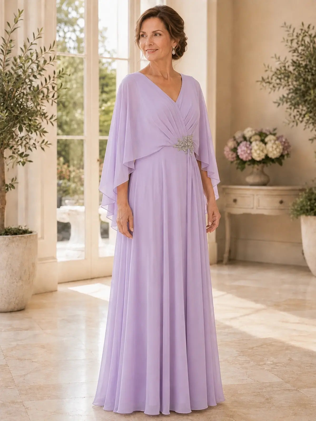 Surplice Neckline Mother of the Bride Dress in Chiffon Fabric