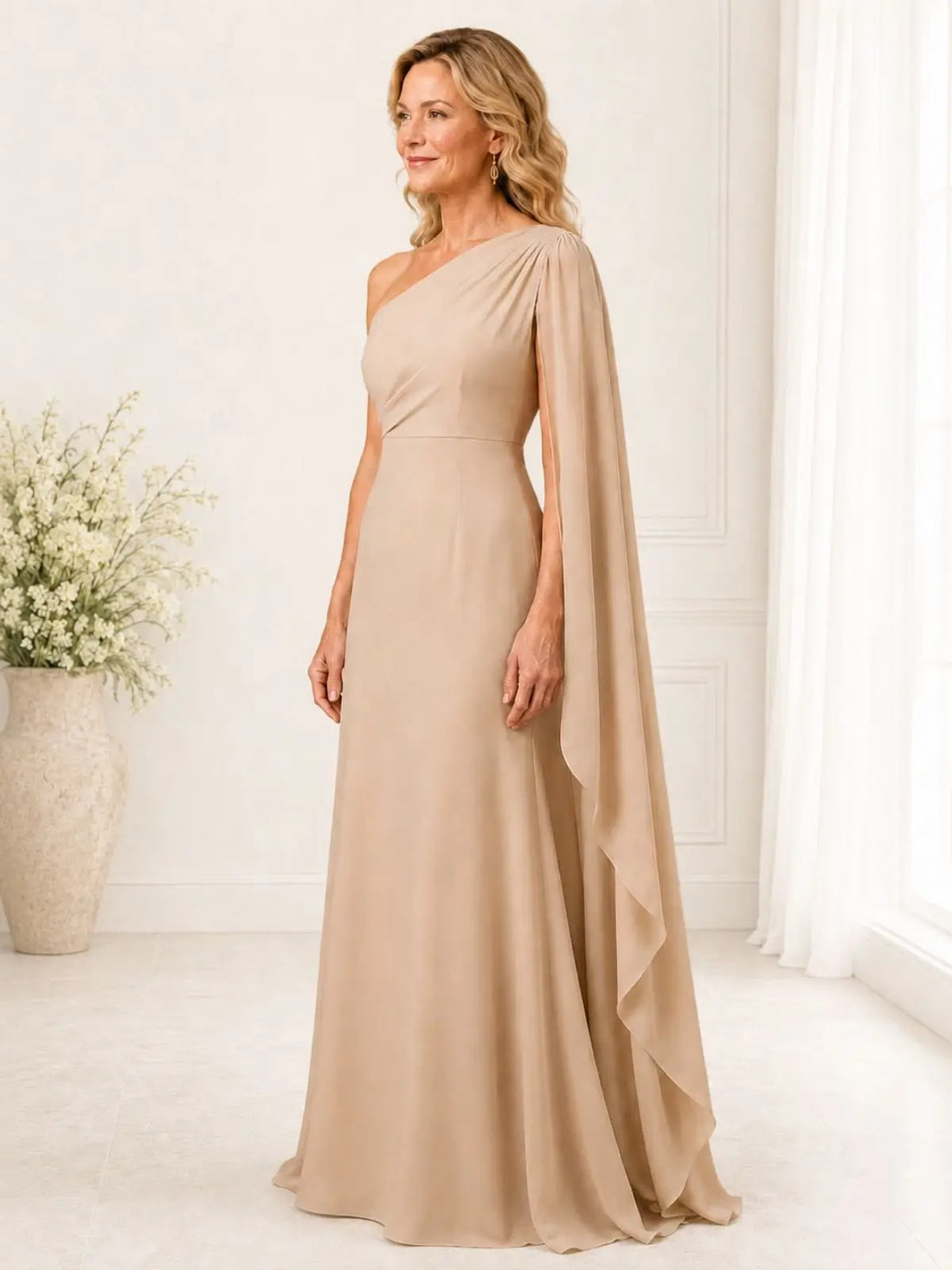 Sheath Mother of the Bride Dress with One-Shoulder Cape Sleeve