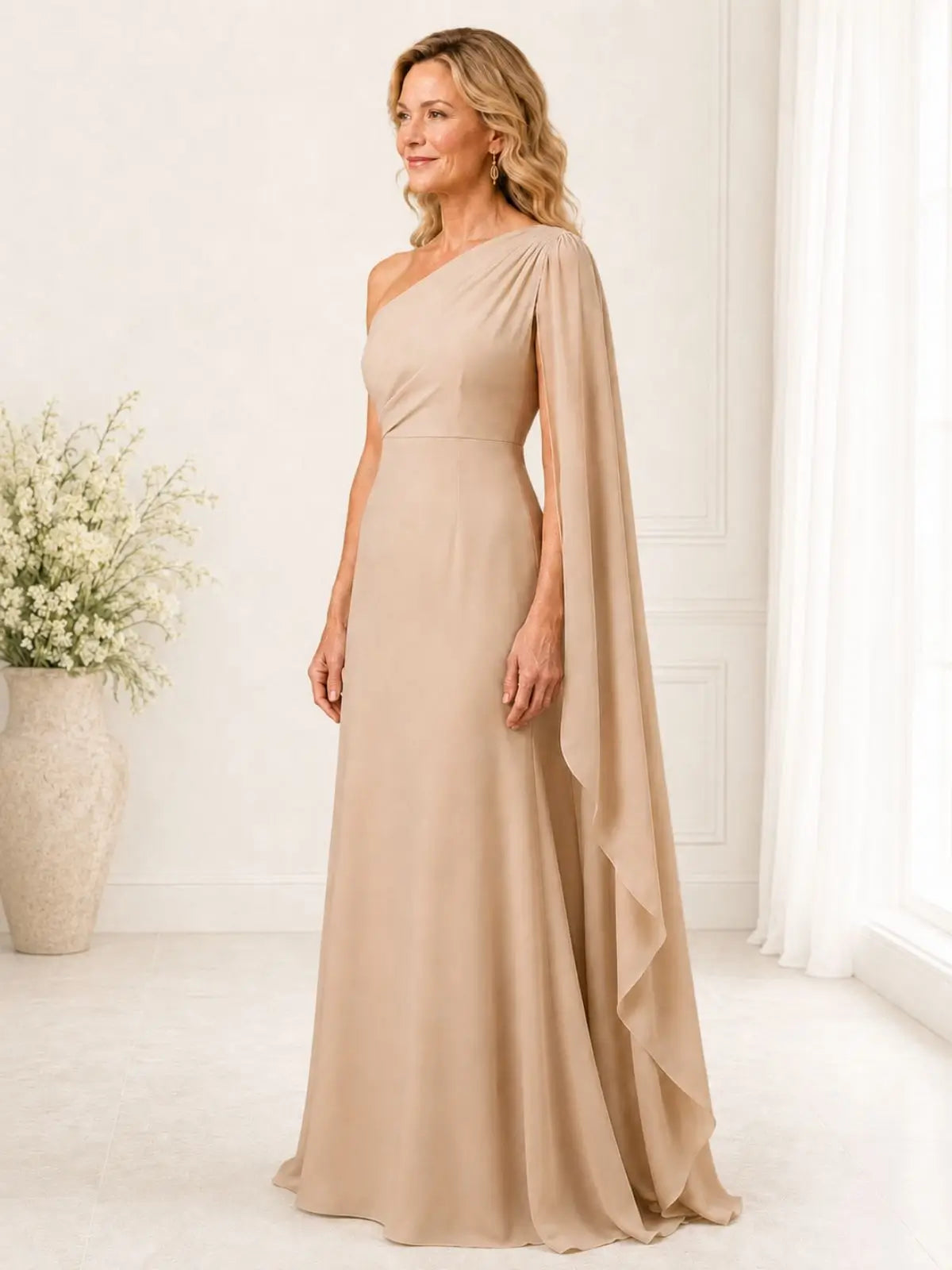 Sheath Mother of the Bride Dress with One-Shoulder Cape Sleeve