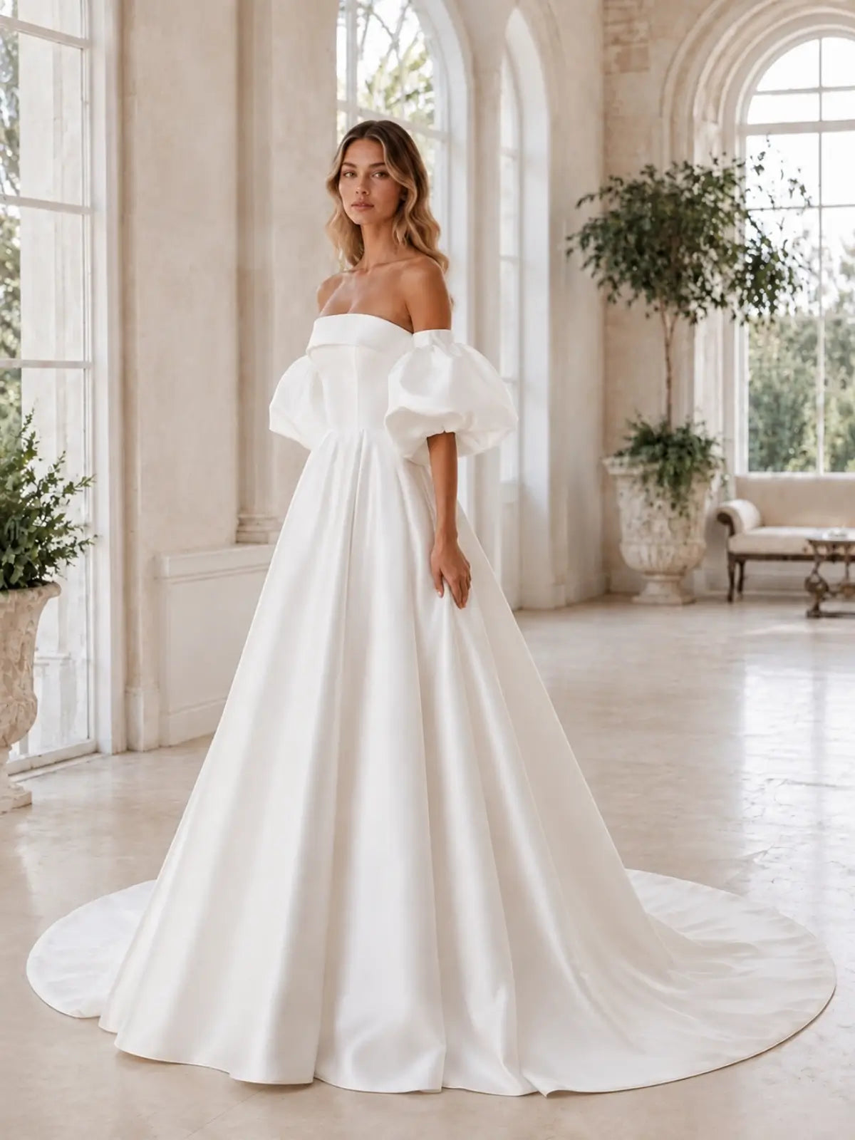 Tube Wedding Dress with Detachable Puff Sleeves