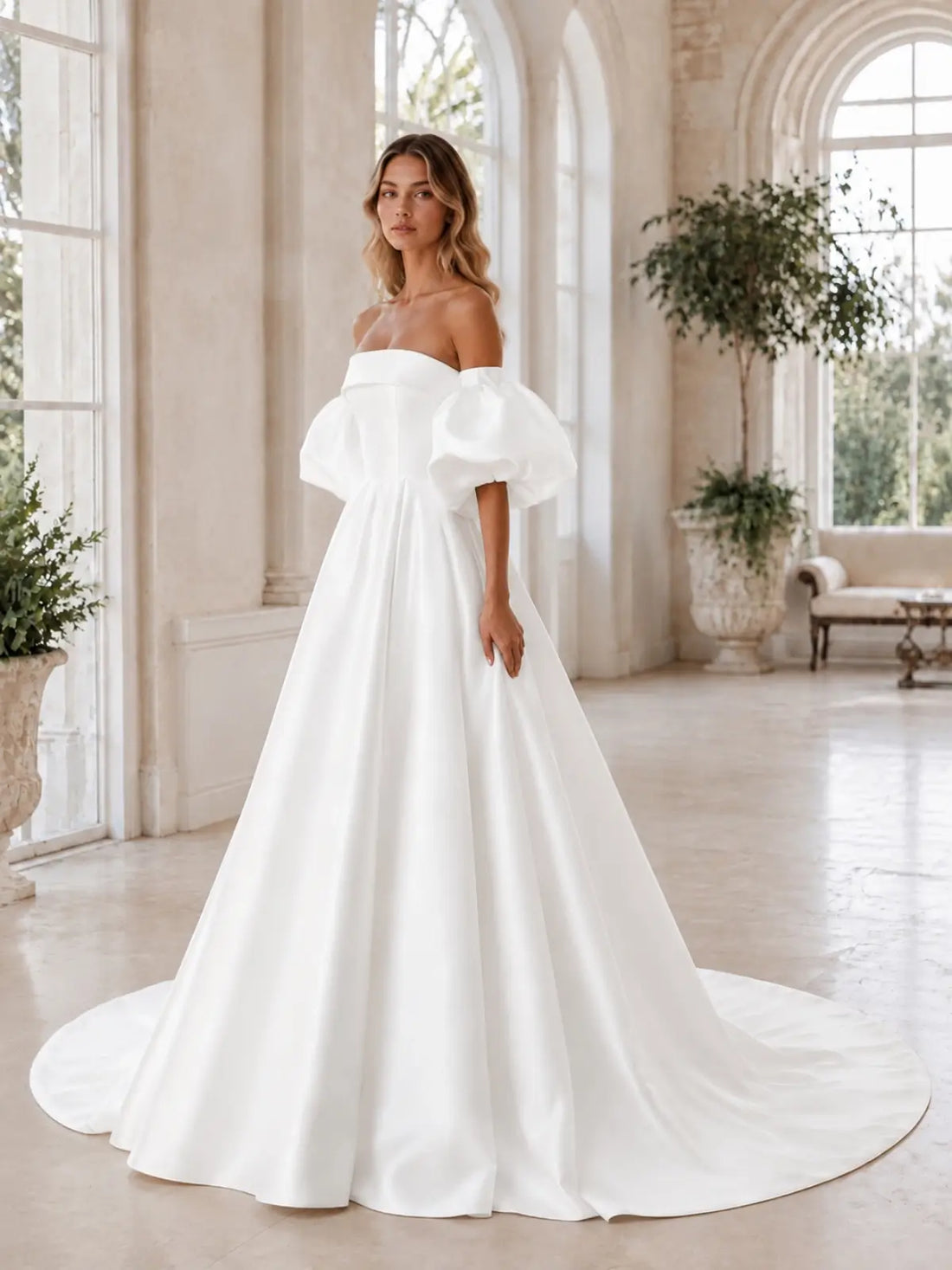 Tube Wedding Dress with Detachable Puff Sleeves