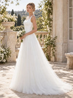 Square Neck Wedding Dress with Open Back Design
