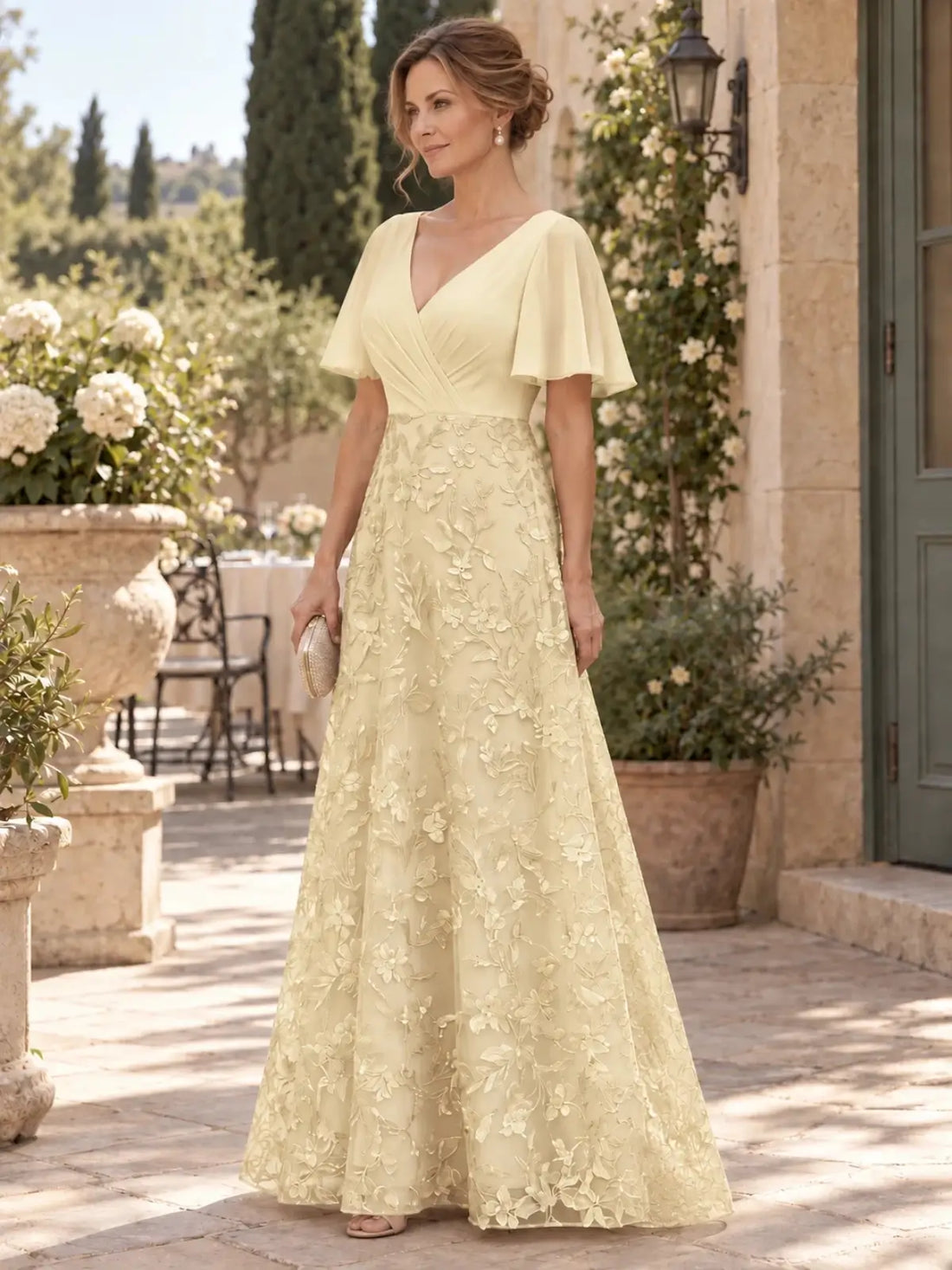 Surplice Neck Mother of the Bride Dress with Ruched Bodice