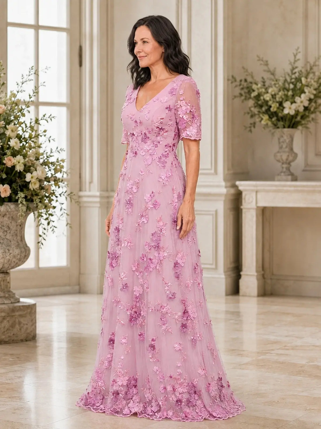 V-neck Mother of the Bride Dress with 3D Floral Appliques