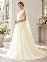 One-Shoulder Wedding Dress with Applique Details