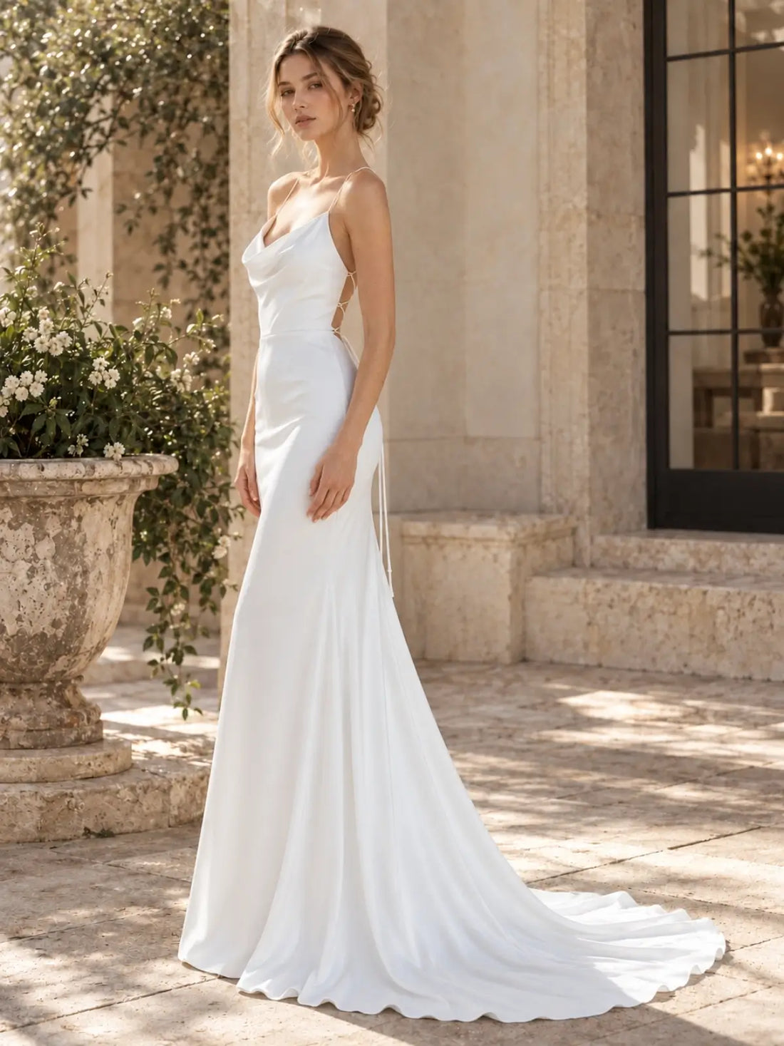Cowl Neck Wedding Dress with Corset Lace-Up Back