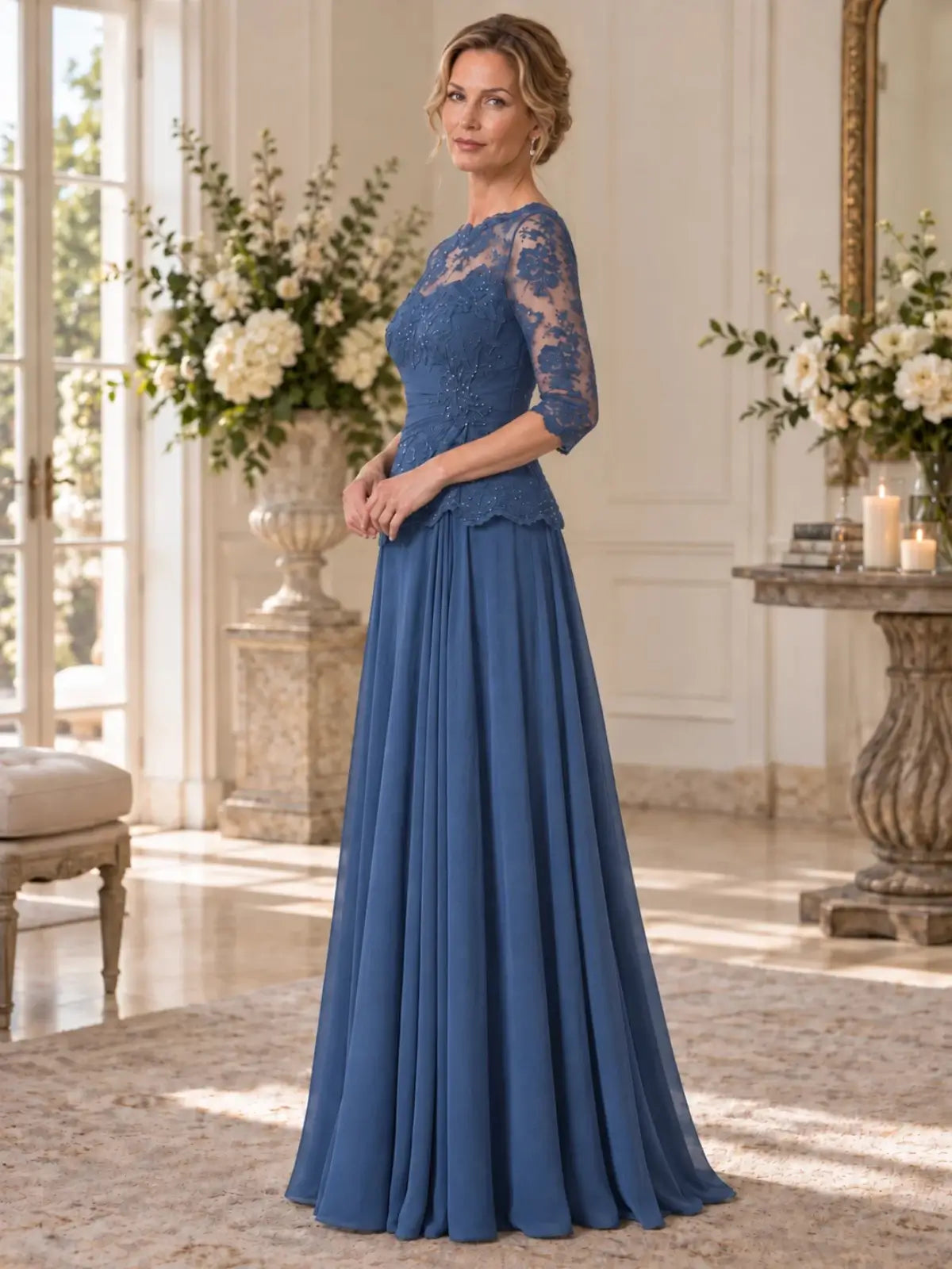 Boat Neck Mother of the Bride Dress with Ruched Waist Design