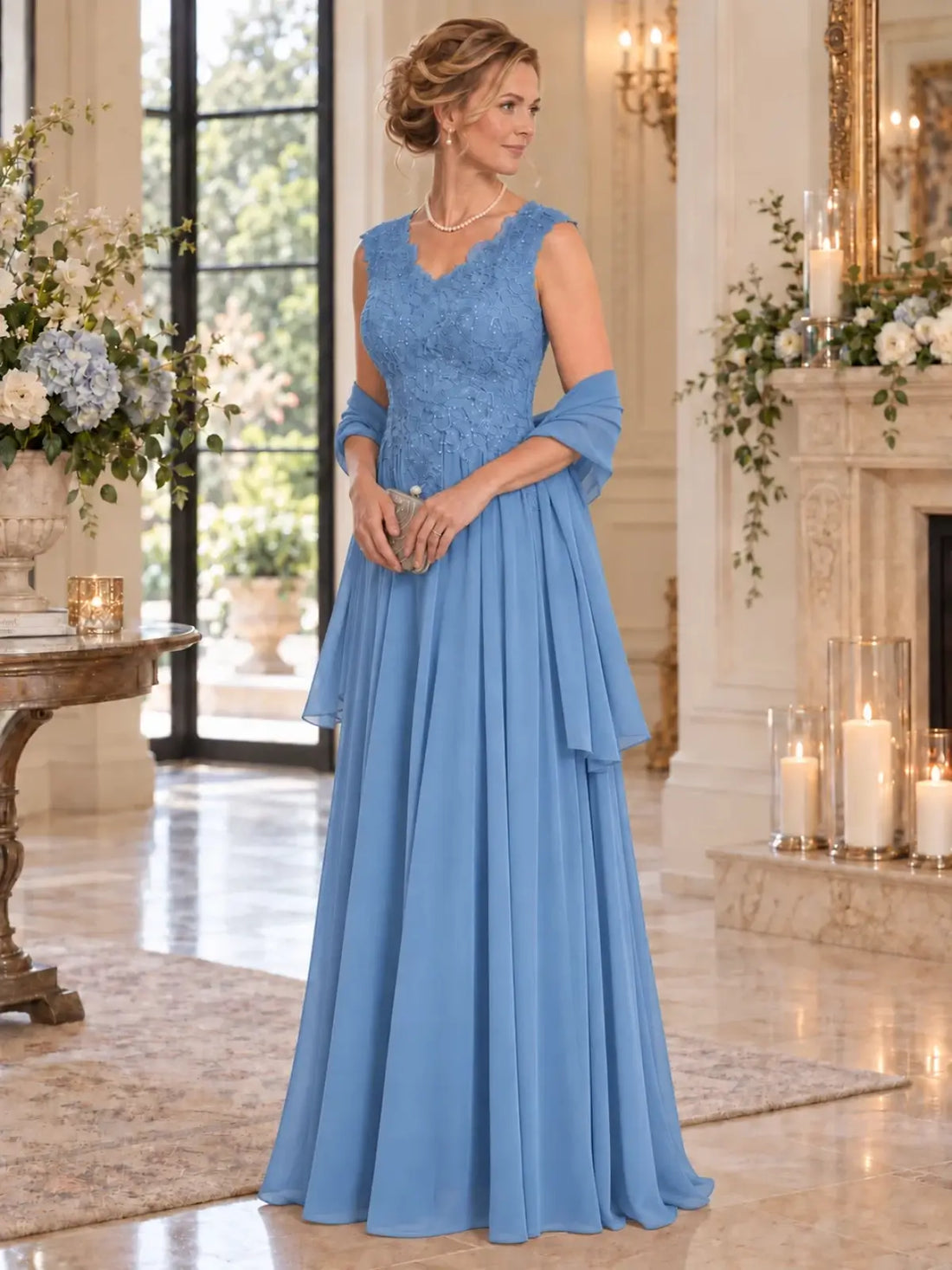 Floor-Length V-Neck Mother of the Bride Dress