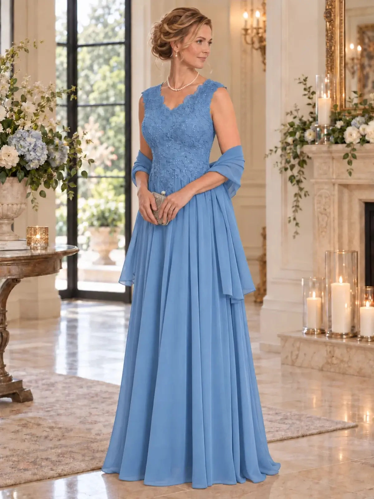 Floor-Length V-Neck Mother of the Bride Dress