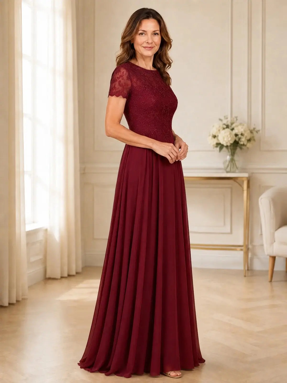 Lace Mother of the Bride Dress with Short Sleeves