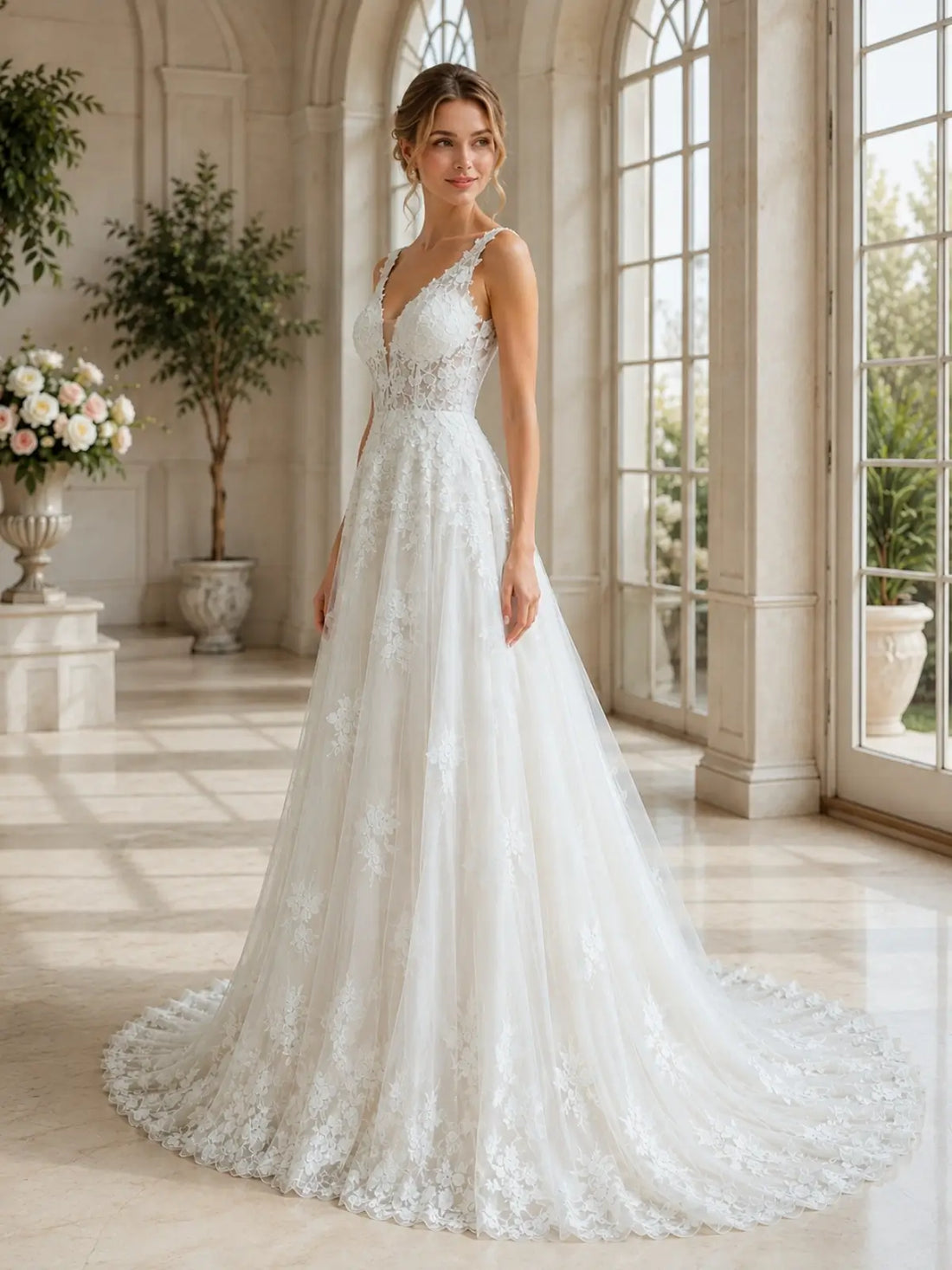 V-Neck Lace Wedding Dress