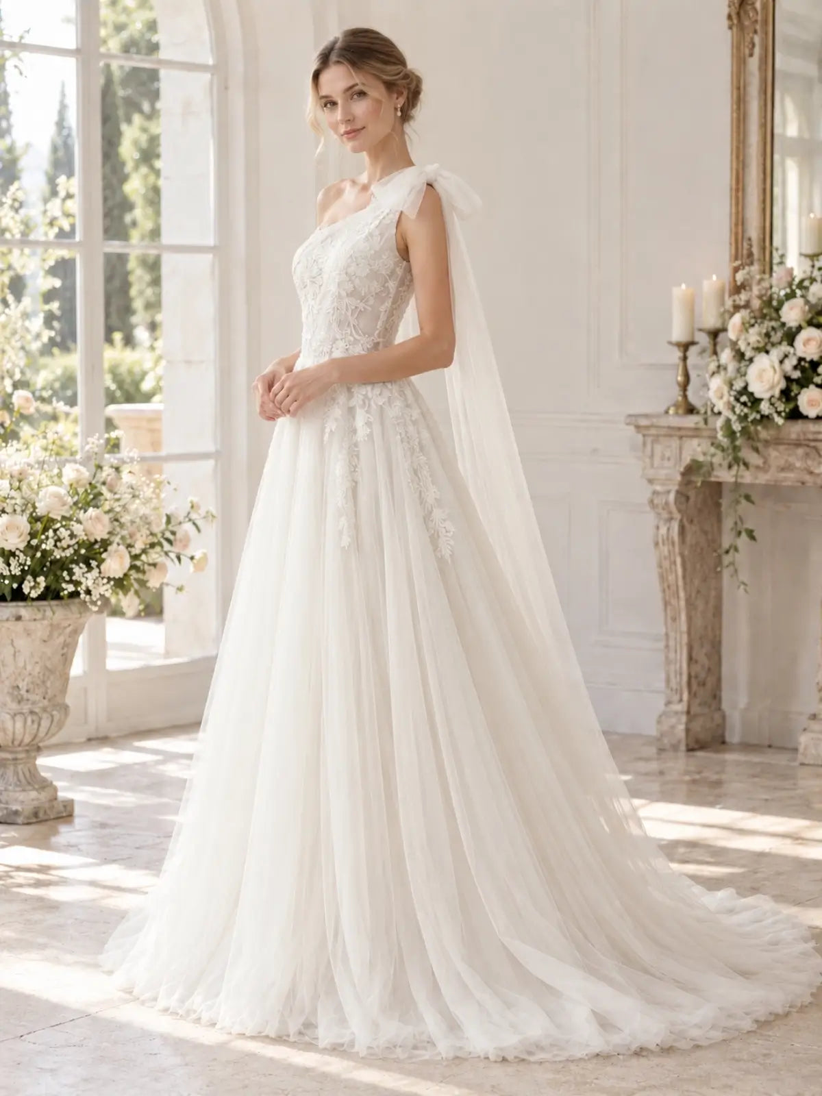 One-Shoulder Wedding Dress with Applique Details