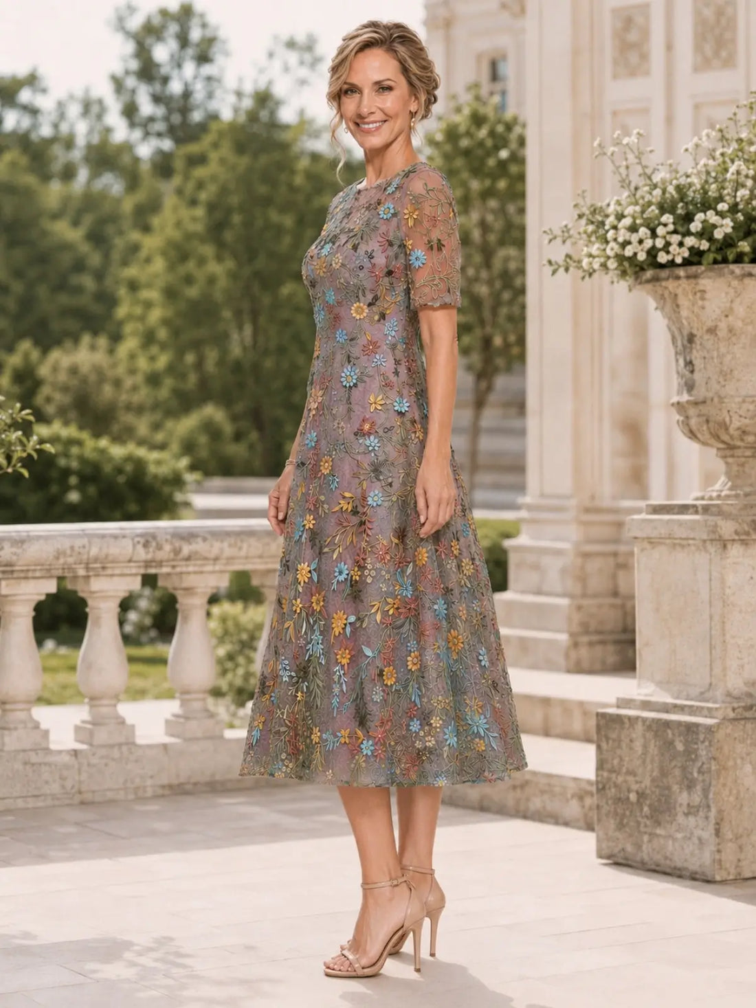 Boat Neck Mother of the Bride Dress with Half Sleeves