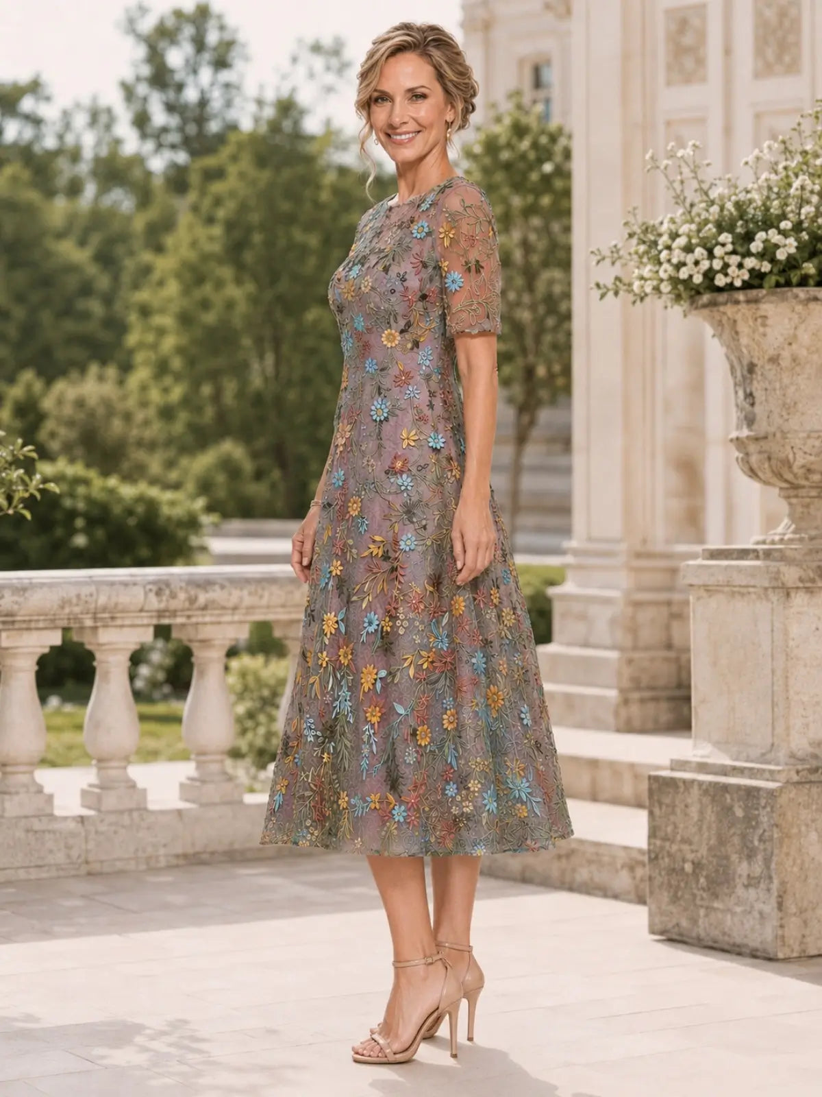 Boat Neck Mother of the Bride Dress with Half Sleeves