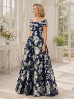 Off-the-Shoulder Mother of the Bride Dress with Printed Detail