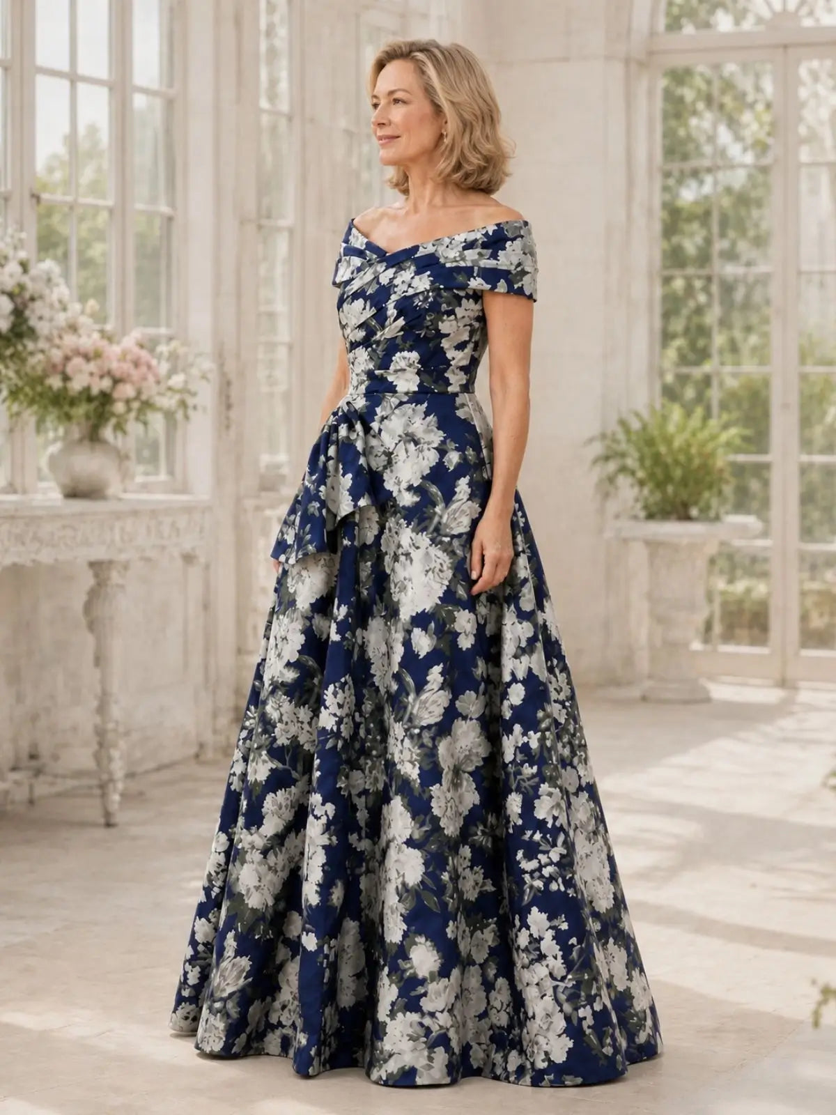 Off-the-Shoulder Mother of the Bride Dress with Printed Detail