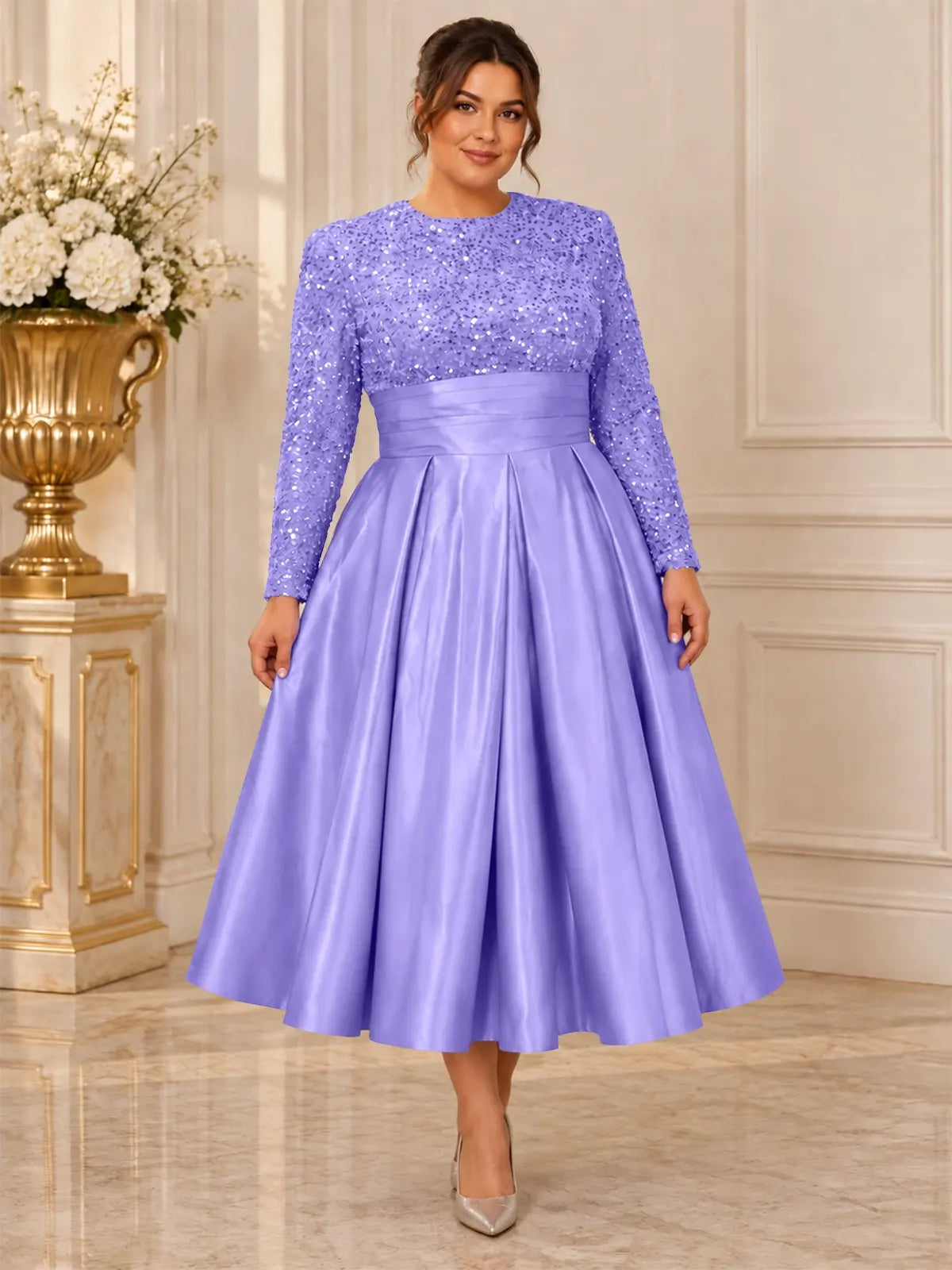 Sequined Mother Dress with Pockets-Plus Size 