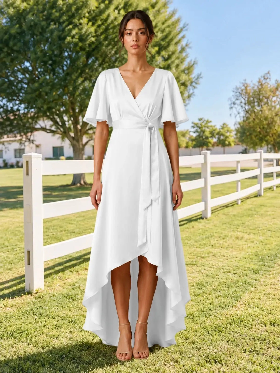 V-neck Bridesmaid Dress with Flutter Sleeves