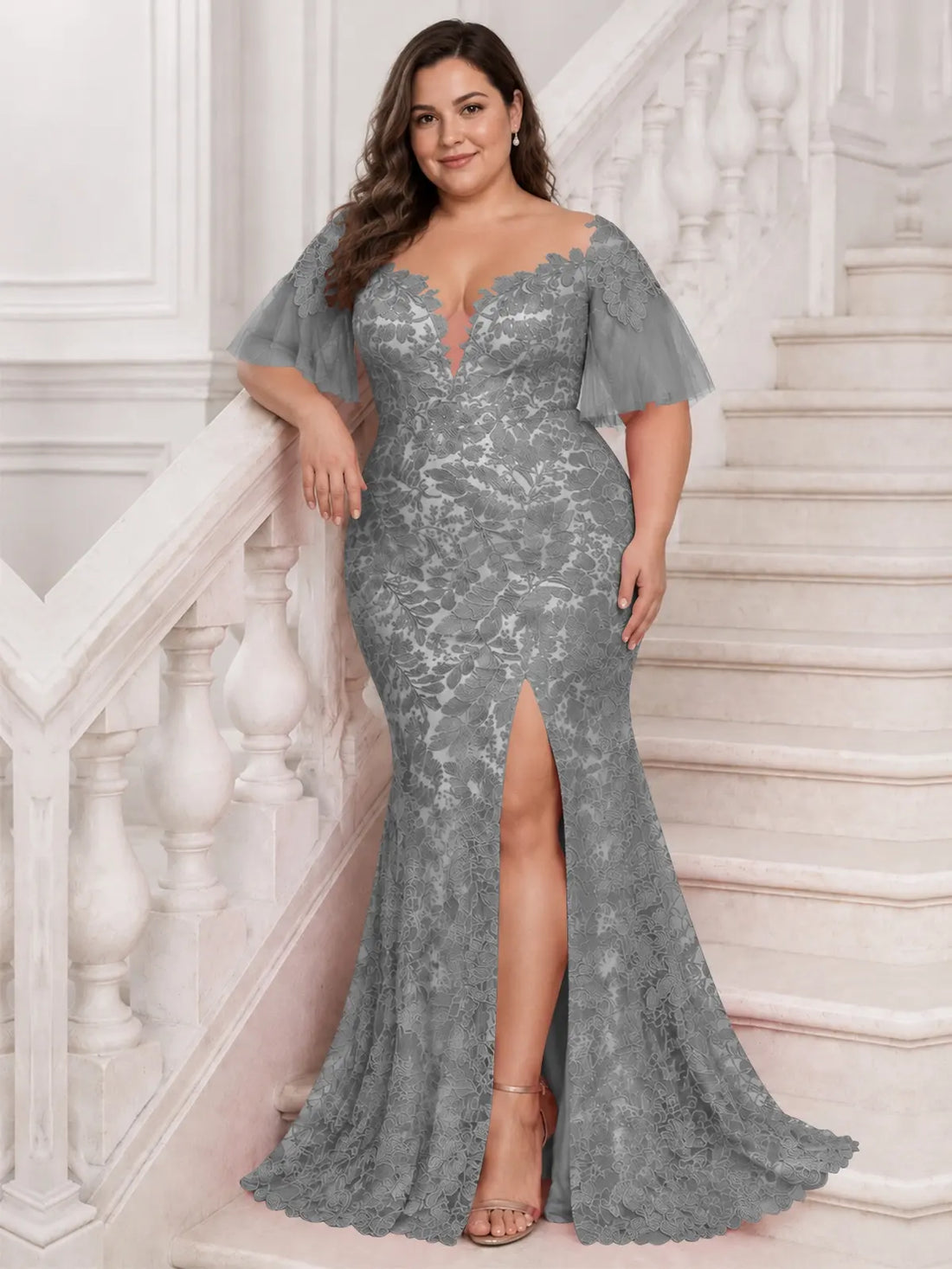 Mermaid Mother of the Bride Dress with V-neck-Plus Size 