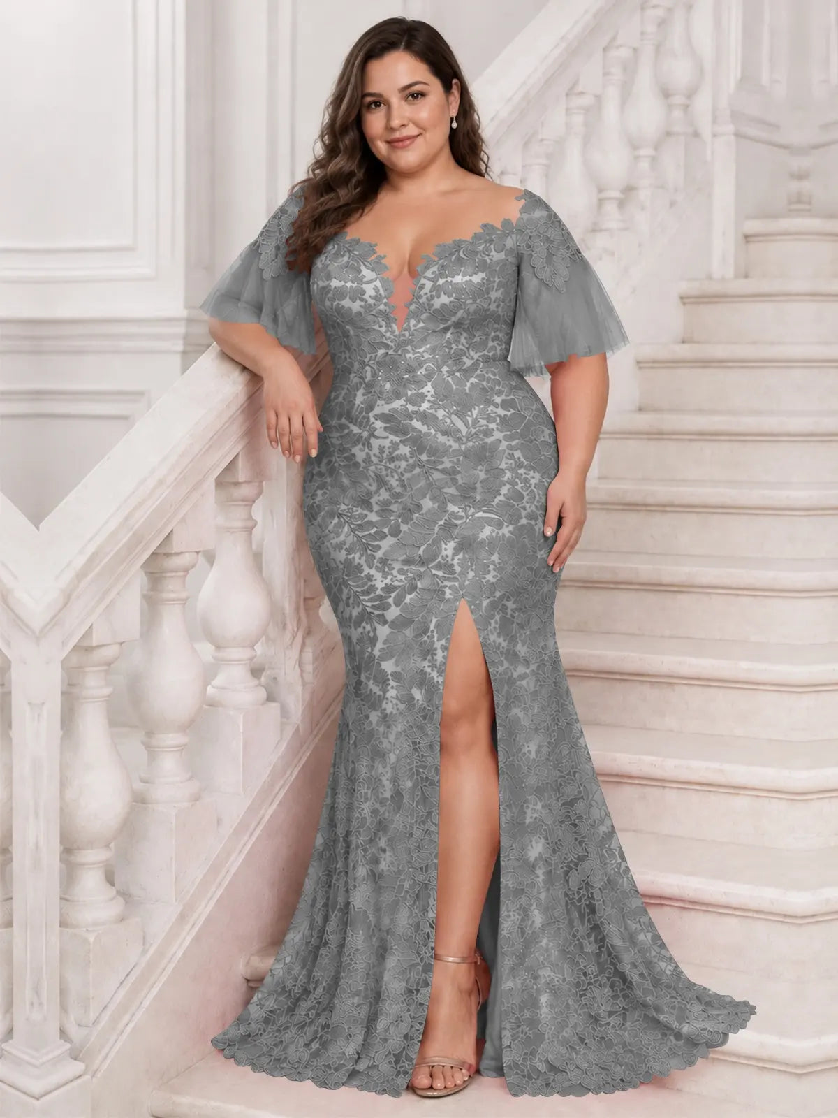 Mermaid Mother of the Bride Dress with V-neck-Plus Size 