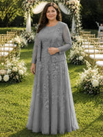 Two-Piece Lace Mother of the Bride Dress with Long Sleeves-Plus Size 