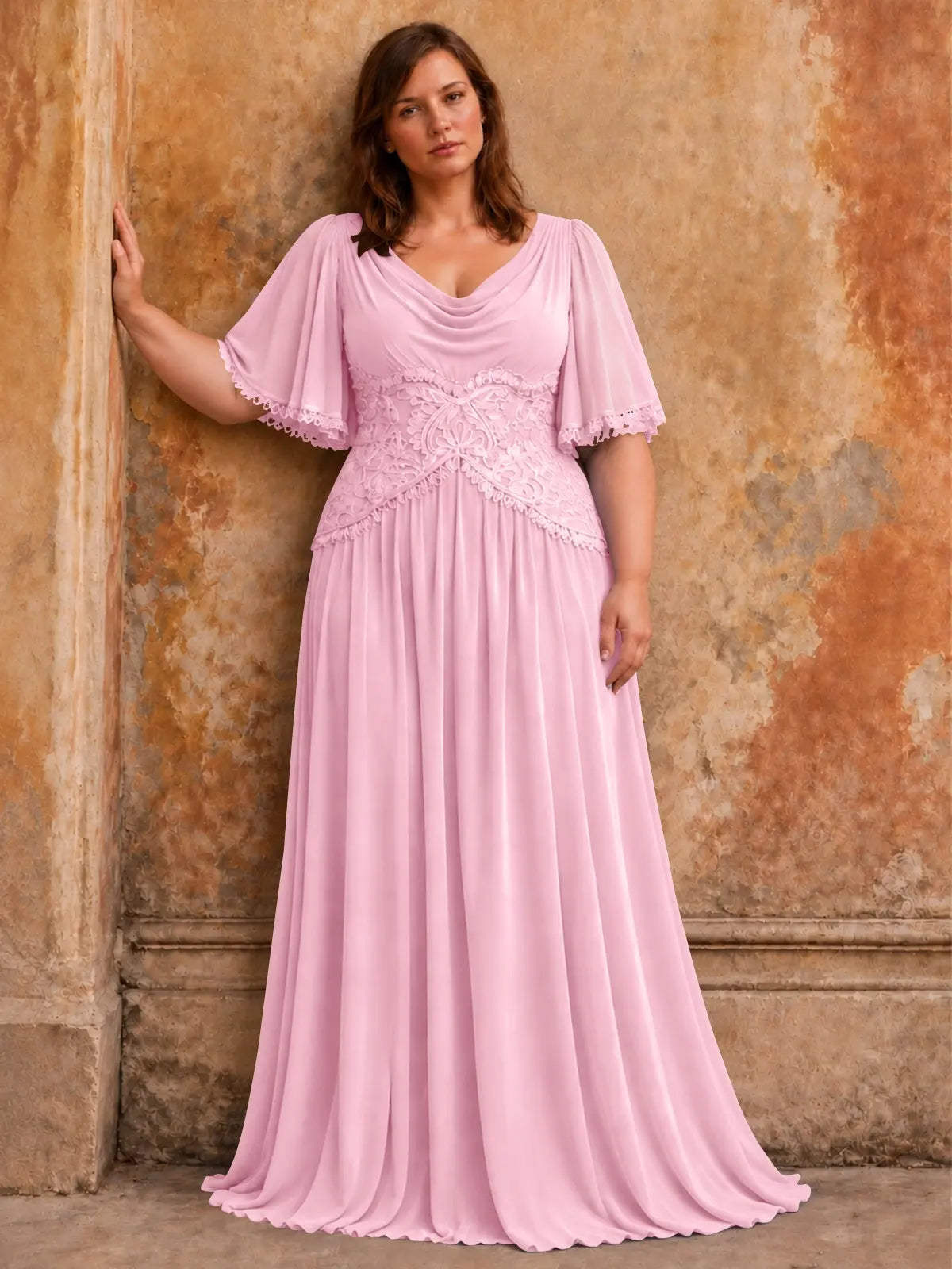 Cowl Neck Mother of the Bride Dress with Applique-Plus Size 